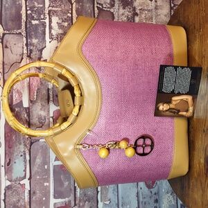 Iman Global Chic Woven Straw Tote Bag w/Bamboo Ring Handles